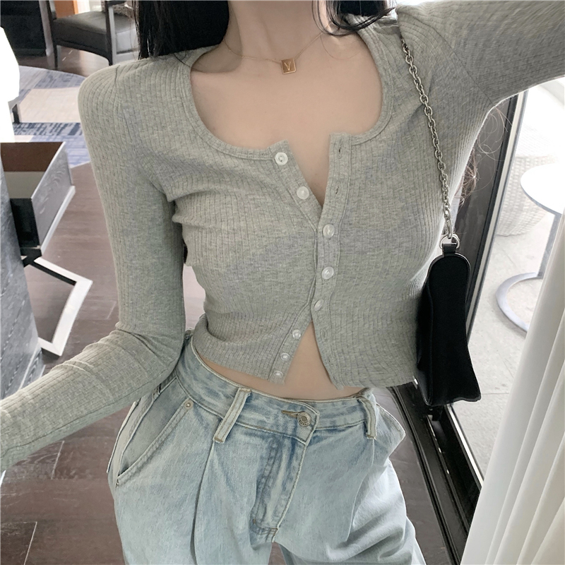 Womens Knits Tees Korean Style O-neck Short Knitted Sweaters Women Thin Cardigan Fashion Open Front Button Up long Sleeve Crop Top t shirt women 22092
