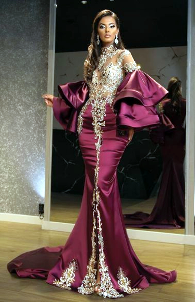 Arabic Dubai Luxury Mermaid Evening Dresses Illusion Bodice Lace Appliques Flare Long Sleeves Beading Crystal Floor Length Formal Party Prom Gowns Spl