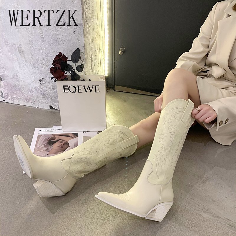 Boots Fashion Embossed Microfiber Leather Women Pointed Toe Western Cowboy KneeHigh Chunky Wedges 220928