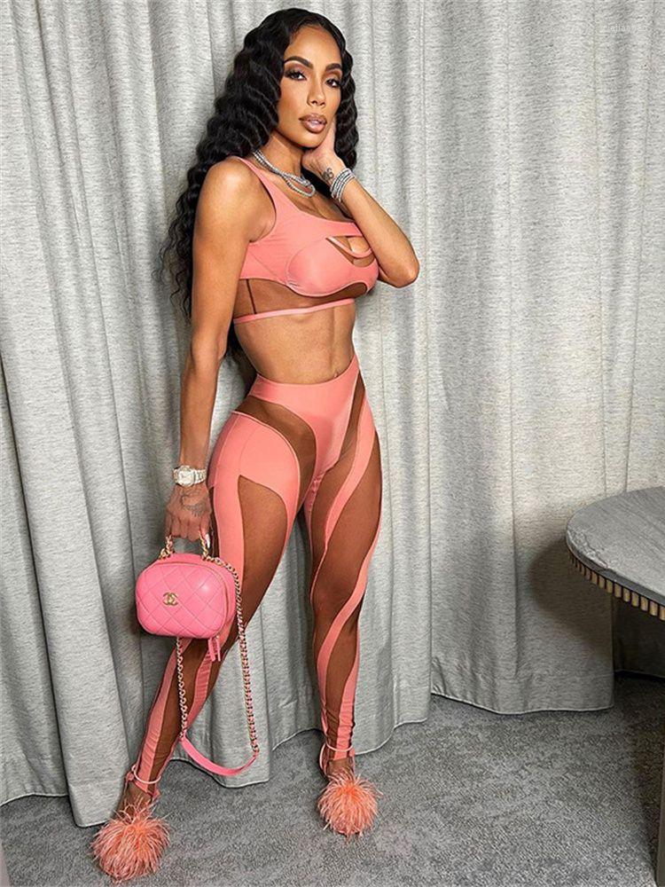 Women's Two Piece Pants Sexy Hollow Perspective Mesh Splicing Vest High Waist Casual Set Women 2022 Summer Bodycon Party Club Outfits Female