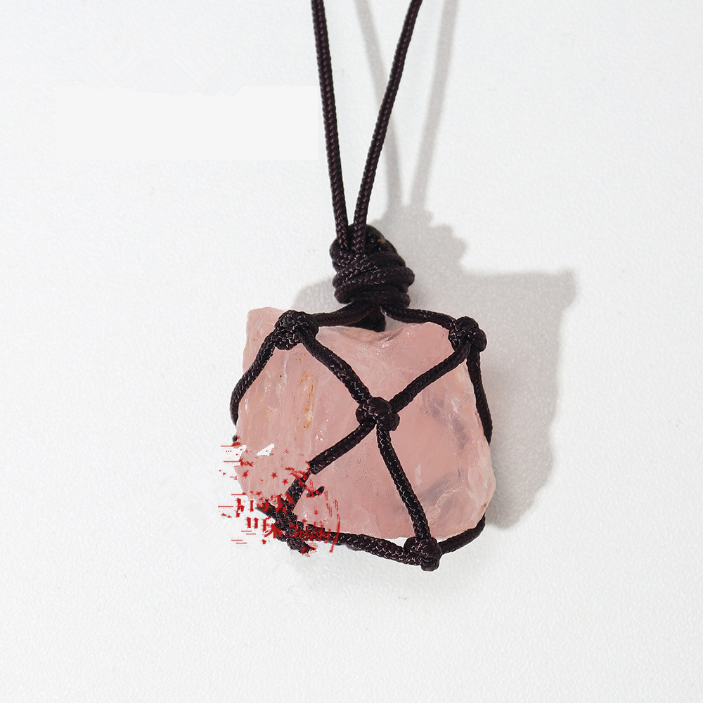 Natural Rough Raw Stone Net Bag Necklaces Rose Quartz Amethyst Fluorite Crystal Pendant Necklace For Women Men