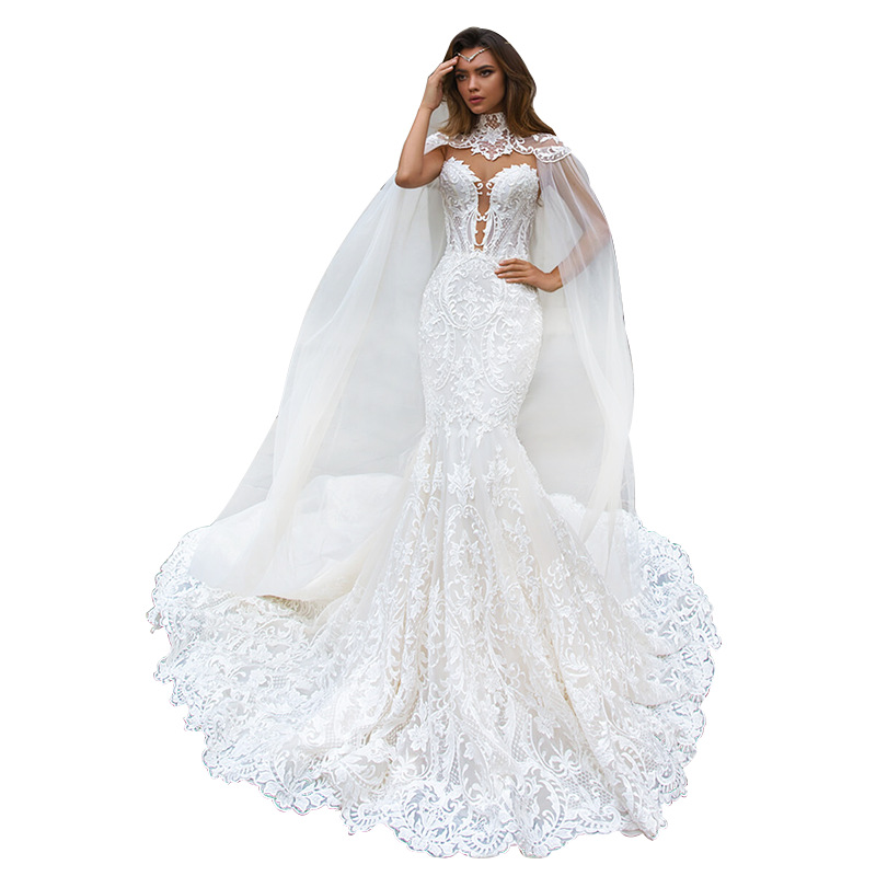 Plus Size Mermaid Wedding Dress Arabic Aso Ebi Sheer Neck sweep train Long Sleeves Sexy Bridal Gowns Dresses
