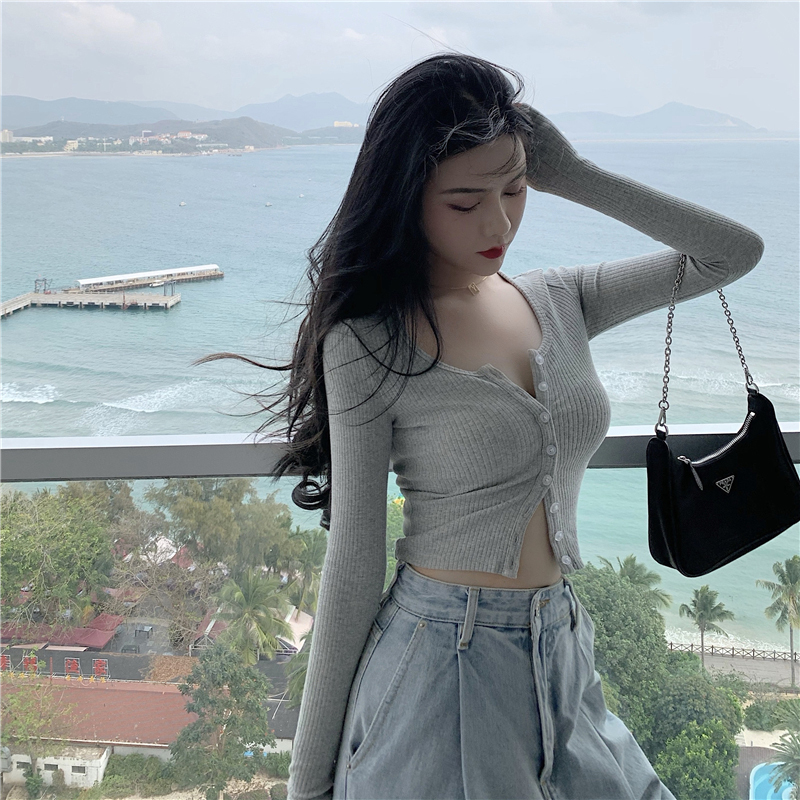 Womens Knits Tees Korean Style O-neck Short Knitted Sweaters Women Thin Cardigan Fashion Open Front Button Up long Sleeve Crop Top t shirt women 22092