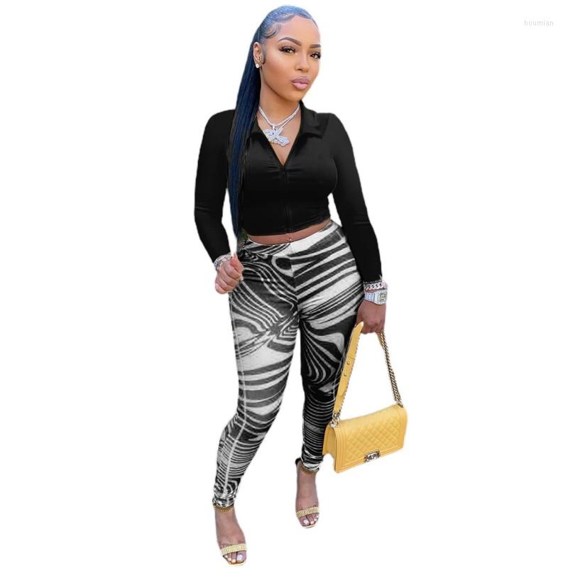 Women's Two Piece Pants Women Set Full Sleeve Zipper Crop Tops Outfits Autumn Fashion Print Streetwear High Waist Pencil Suits 2022