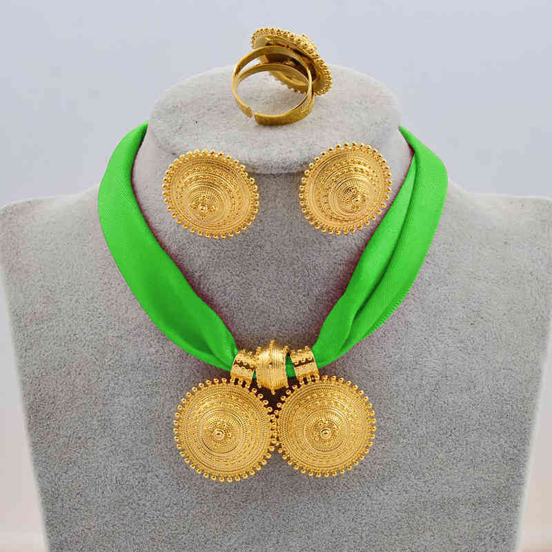 Anniyo DIY Rope Chain Ethiopian Jewelry Set Gold Color Eritrea Ethnic Style Habesha Pendant Earrings Ring #217106 220105