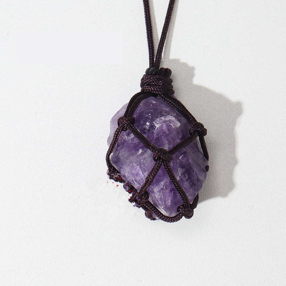Natural Rough Raw Stone Net Bag Necklaces Rose Quartz Amethyst Fluorite Crystal Pendant Necklace For Women Men