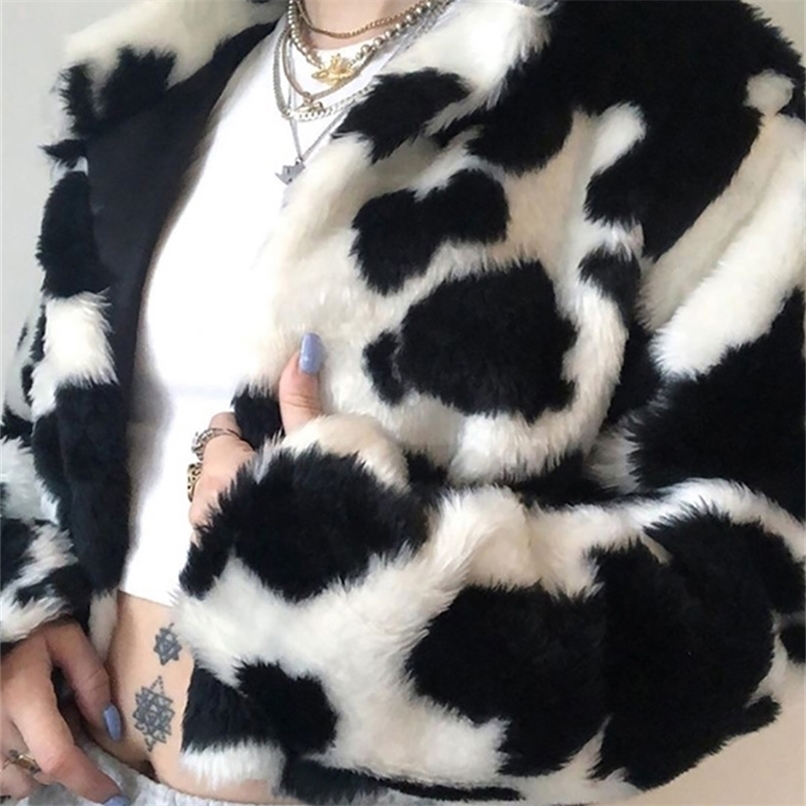 Women's Fur Faux Goth Dark Punk Style Gothic Crop Coats Fashion Color Blocking Long Sleeve Women Cardigan Jackets Warm Streetwear 220928