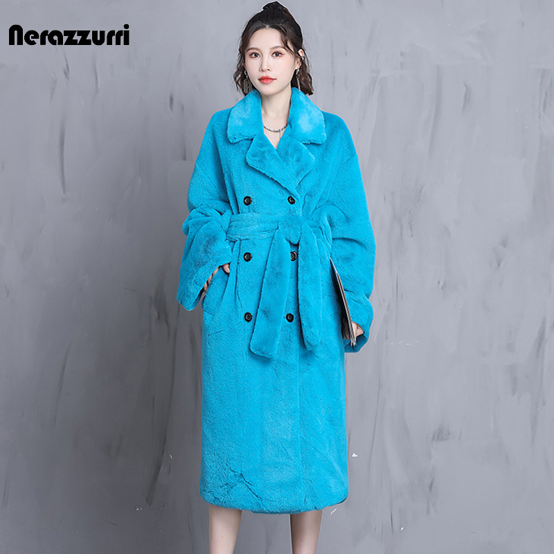 Women's Fur Faux Nerazzurri Winter Oversized Purple Warm Fluffy Soft Coat Women long Sleeve Belt Runway Loose Casual Korean Fashion 220928