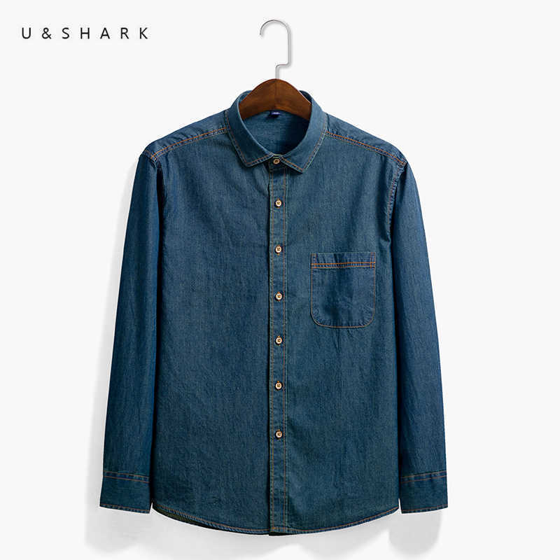 U&SHARK Blue Denim Shirt for Men Casual Cowboy Shirts Cotton Long Sleeve Vintage Shirt Male Clothing Fashion Stylish Chambray 210706