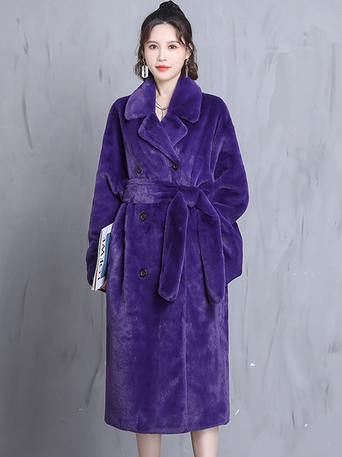 Women's Fur Faux Nerazzurri Winter Oversized Purple Warm Fluffy Soft Coat Women long Sleeve Belt Runway Loose Casual Korean Fashion 220928