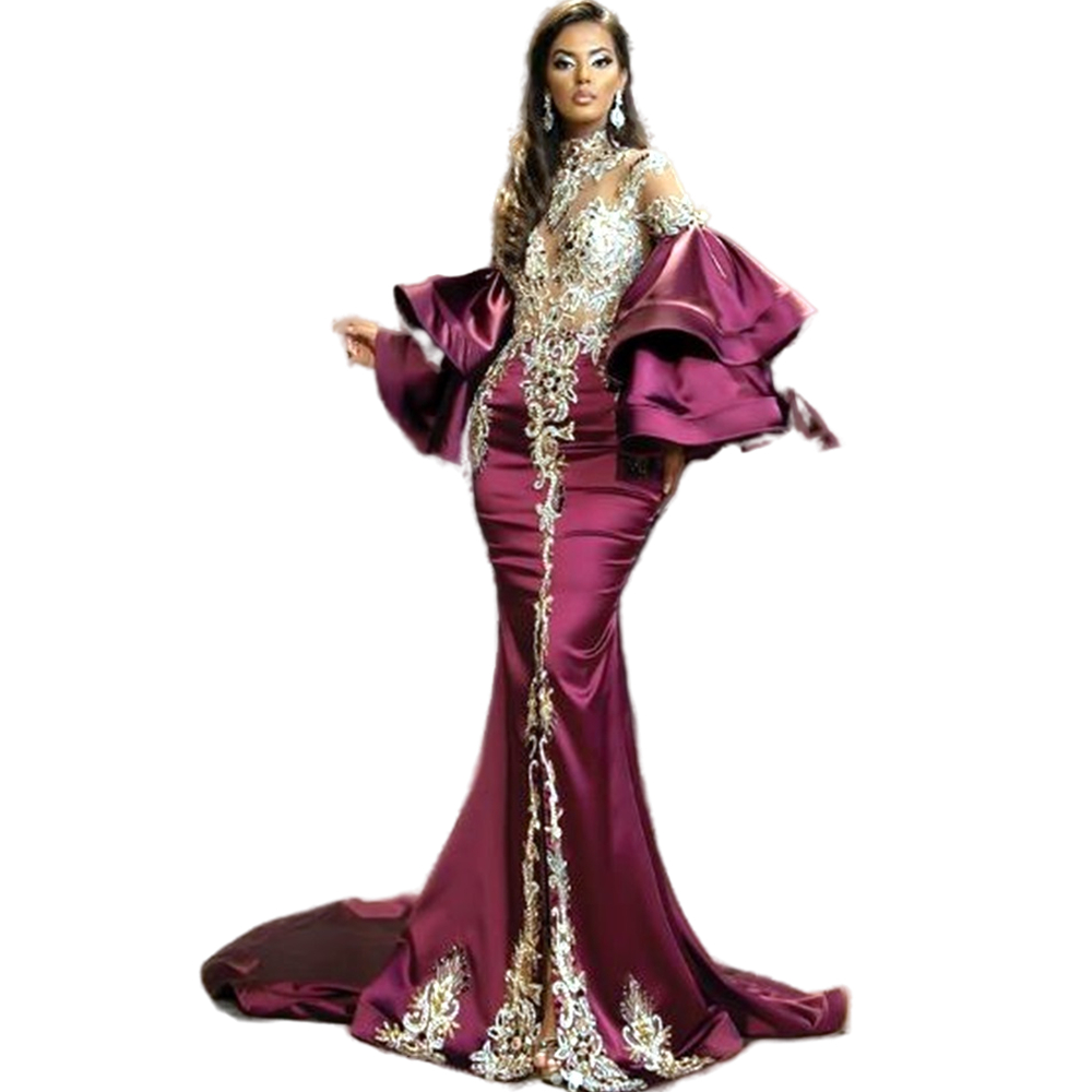 Arabic Dubai Luxury Mermaid Evening Dresses Illusion Bodice Lace Appliques Flare Long Sleeves Beading Crystal Floor Length Formal Party Prom Gowns Spl