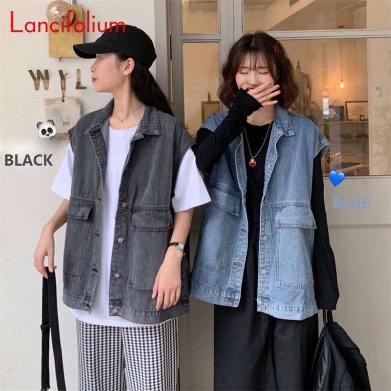 Women's Vests BF Blue Denim Women Vintage 8size Korean Big Pocket Black Jean Kpop Sleeveless Cardigan Tank Top Jacket Coat 220928