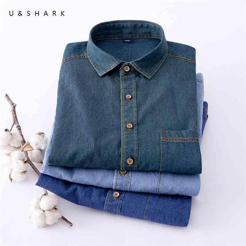 U&SHARK Blue Denim Shirt for Men Casual Cowboy Shirts Cotton Long Sleeve Vintage Shirt Male Clothing Fashion Stylish Chambray 210706