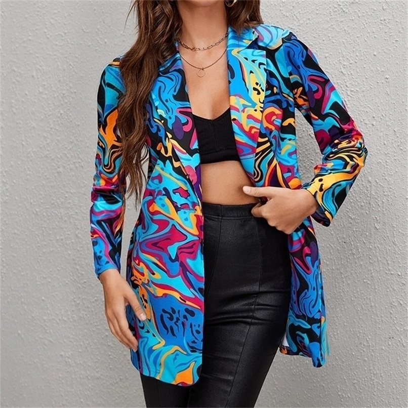 Women's Suits Blazers Boho Blue Print Loose Single Button Blazer Women Jacket Streetwear Autumn Oversized Elegant Office Lady Coat Womens 220929
