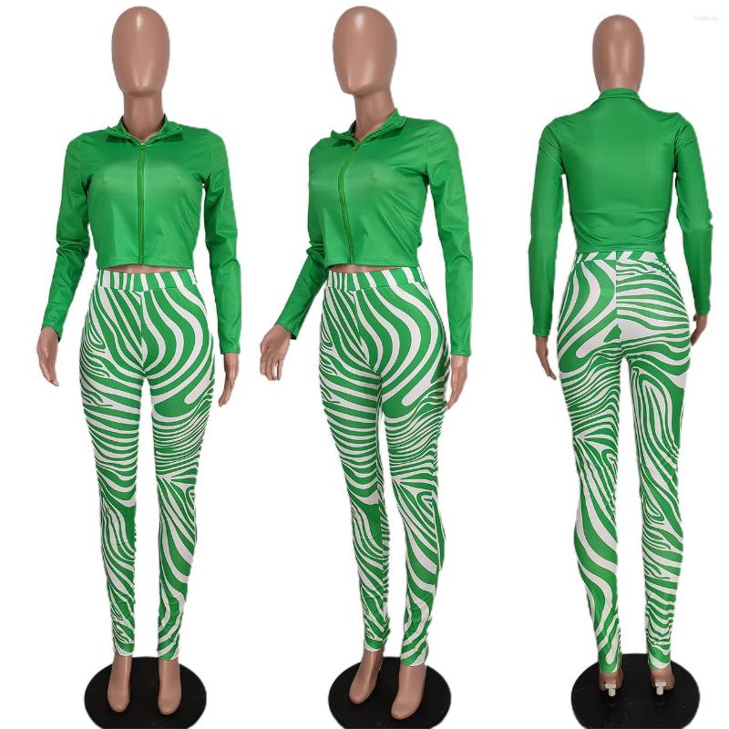 Women's Two Piece Pants Women Set Full Sleeve Zipper Crop Tops Outfits Autumn Fashion Print Streetwear High Waist Pencil Suits 2022