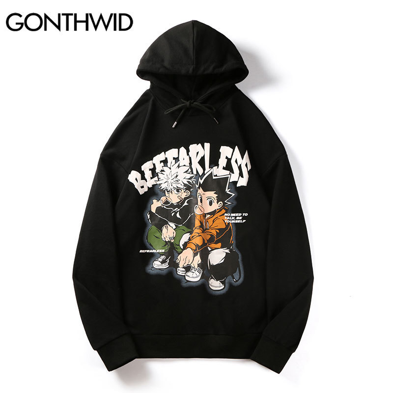 Men's Hoodies Sweatshirts GONTHWID Mens Streetwear Hoodie Hip Hop Sweatshirt Japanese Anime Cartoon Print Hooded Harajuku Cotton Pullover Black 2
