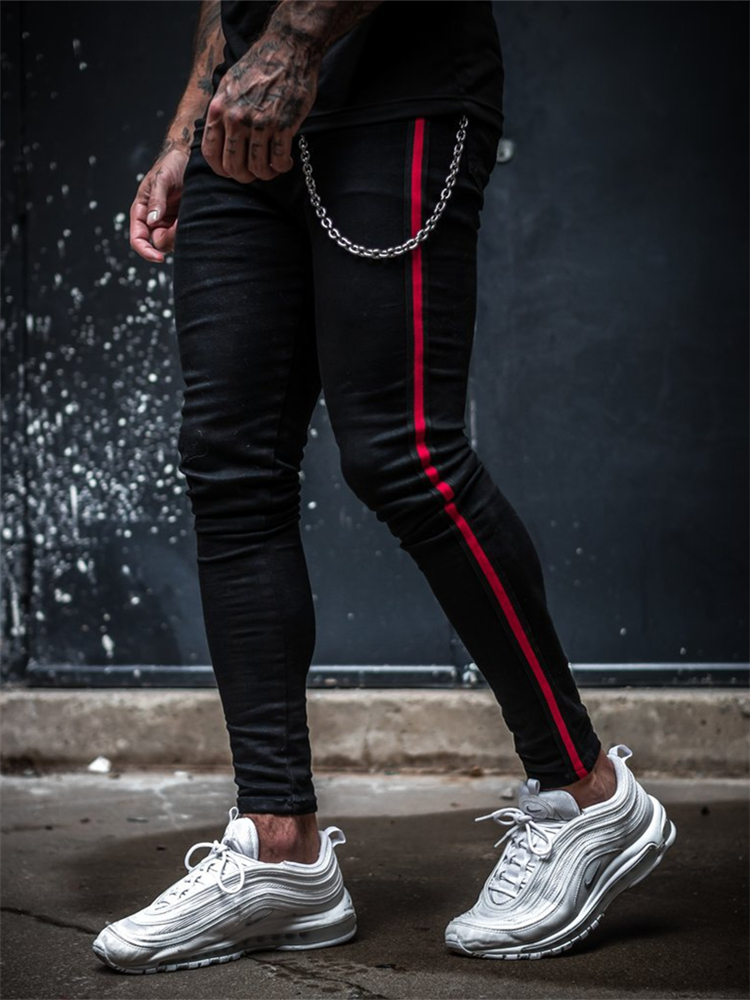 Men's Jeans Mens Side Stripe Skinny Fit Black Denim Jeans Hip Hop Streetwear Solid Color Plus Size Slim Fit Lightweight Cotton Jeans for Men 2209
