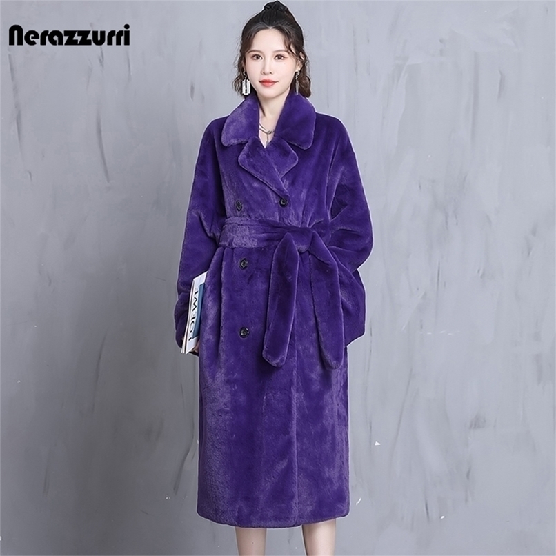 Women's Fur Faux Nerazzurri Winter Oversized Purple Warm Fluffy Soft Coat Women long Sleeve Belt Runway Loose Casual Korean Fashion 220928