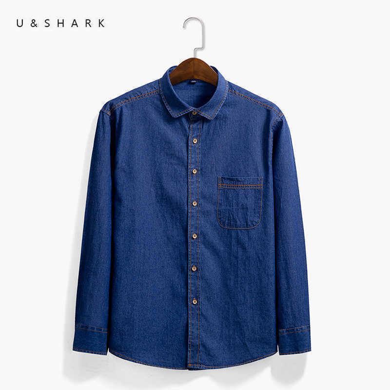 U&SHARK Blue Denim Shirt for Men Casual Cowboy Shirts Cotton Long Sleeve Vintage Shirt Male Clothing Fashion Stylish Chambray 210706