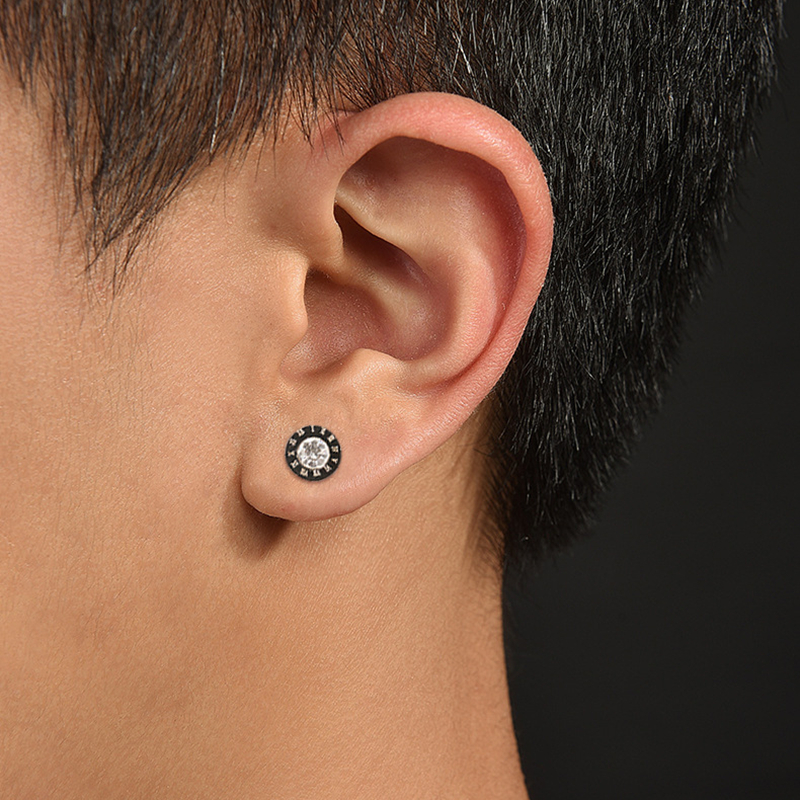 Roman Numerals Studs Earrings for Men Black Titanium Steel Fashion Brand Design Simple Statement Earring Cubic Zirconia Hip Hop Punk Jewelry Never Fad