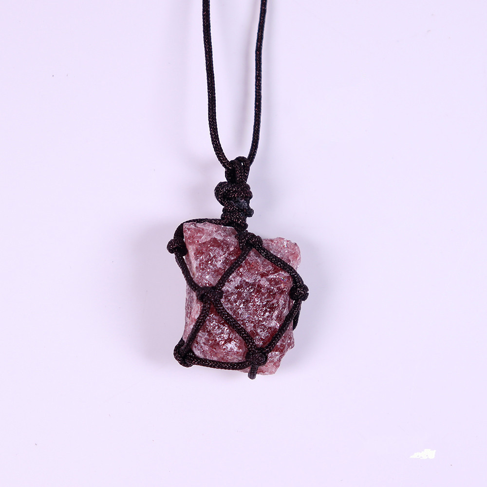 Natural Rough Raw Stone Net Bag Necklaces Rose Quartz Amethyst Fluorite Crystal Pendant Necklace For Women Men