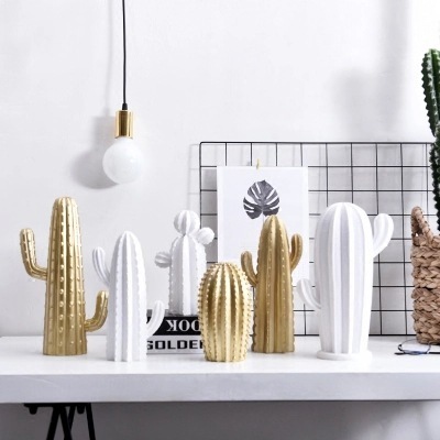Decorative Objects Figurines Nordic Simple Style White Gold Cactus Decoration Fairy Column Home Accessories Living Room Creative Ornaments Home Decor 