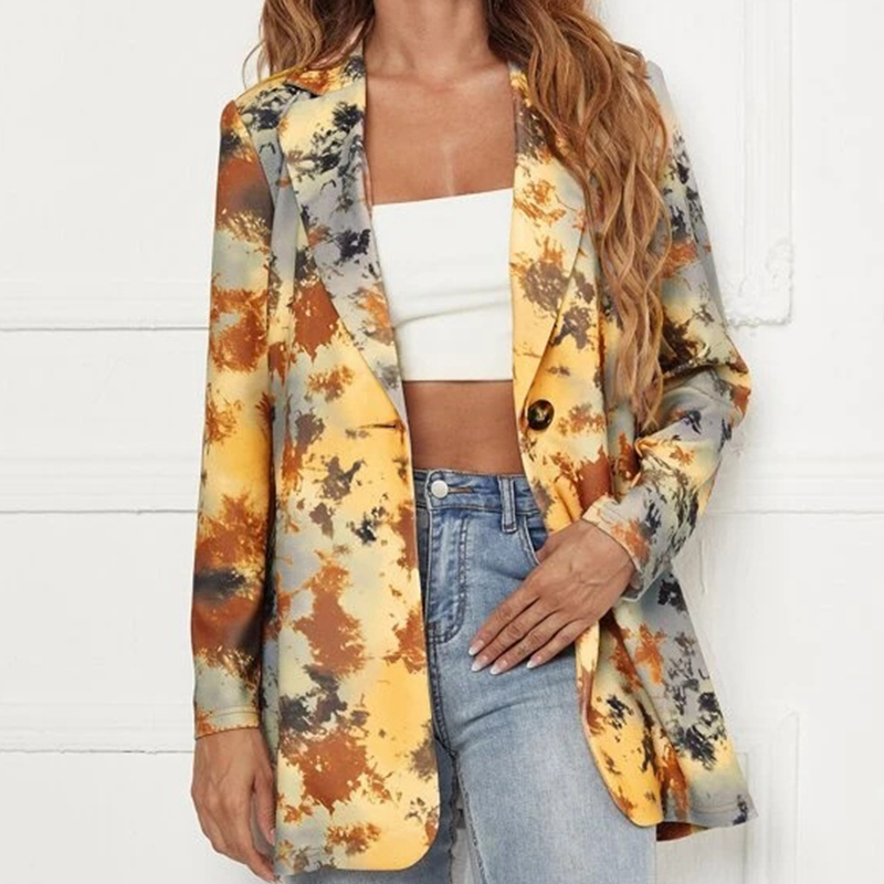 Women's Suits Blazers Boho Blue Print Loose Single Button Blazer Women Jacket Streetwear Autumn Oversized Elegant Office Lady Coat Womens 220929