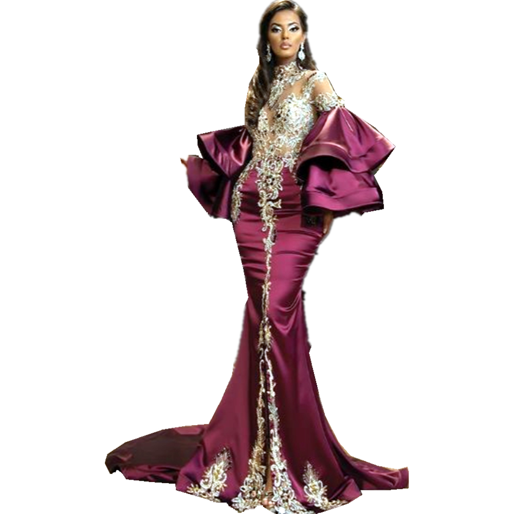 Arabic Dubai Luxury Mermaid Evening Dresses Illusion Bodice Lace Appliques Flare Long Sleeves Beading Crystal Floor Length Formal Party Prom Gowns Spl