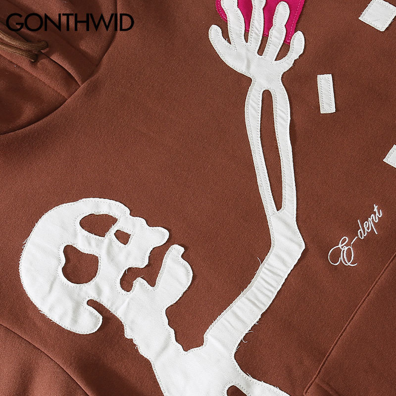 Men's Hoodies Sweatshirts GONTHWID Hip Hop Streetwear Hoodie Sweatshirt Skeleton Patch Fleece Hooded Mens Harajuku Winter Cotton Pullover Brown 2
