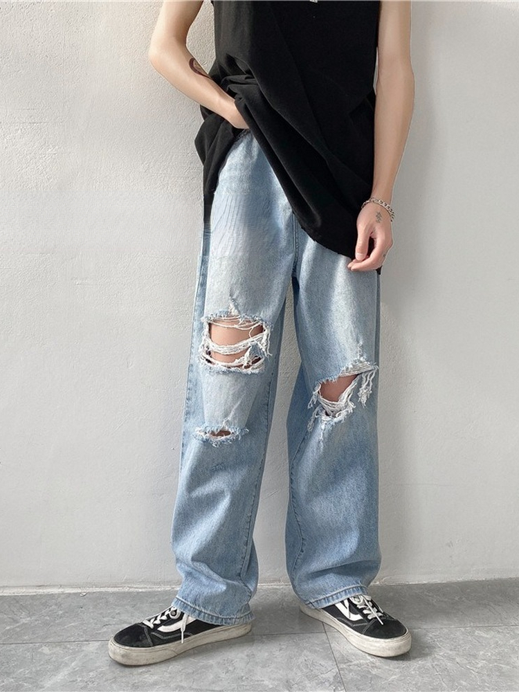 Mens Jeans Men Jeans Wideleg Straight Jeans 3XL Hole Ripped Streetwear Allmatch Denim Trousers Mens Loose Casual Fashion Harajuku 220929wtt
