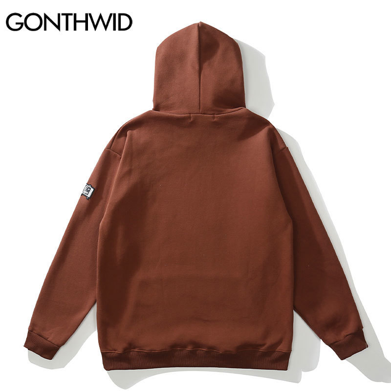 Men's Hoodies Sweatshirts GONTHWID Hip Hop Streetwear Hoodie Sweatshirt Skeleton Patch Fleece Hooded Mens Harajuku Winter Cotton Pullover Brown 2