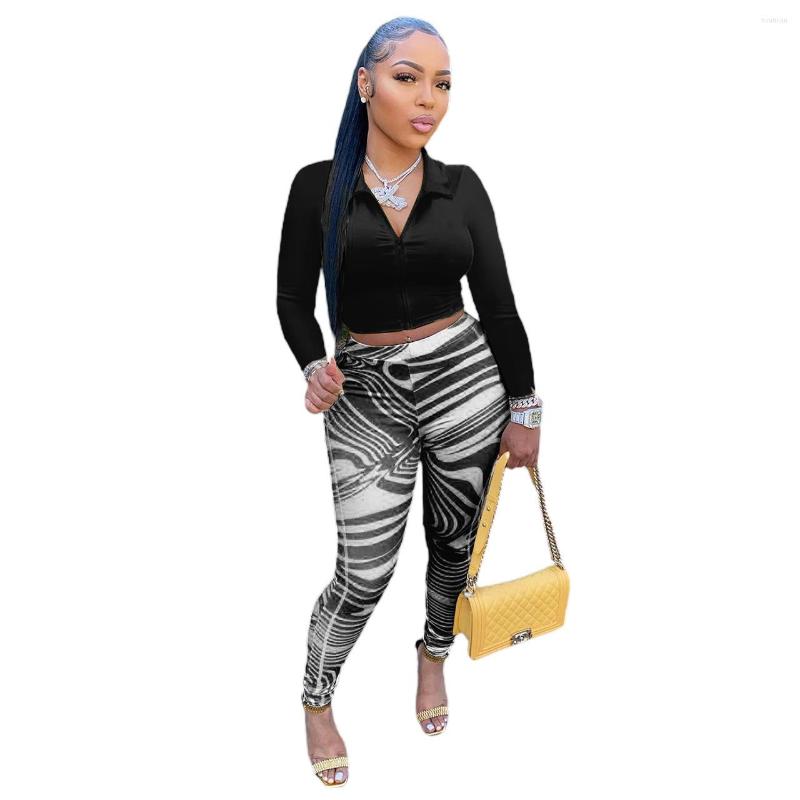 Women's Two Piece Pants Women Set Full Sleeve Zipper Crop Tops Outfits Autumn Fashion Print Streetwear High Waist Pencil Suits 2022