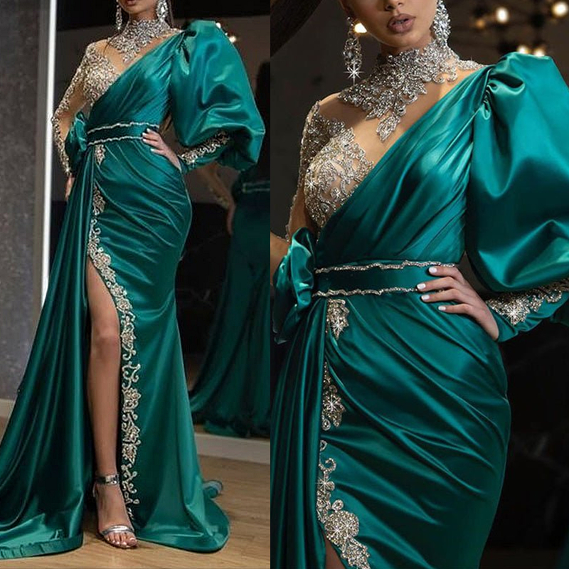 Modern Hunter Satin Mermaid Evening Dresses With Long Sleeves Sexy Side Split Illusion High Collar Formal Party Gowns Glitter Arabic Prom Pageant Outf