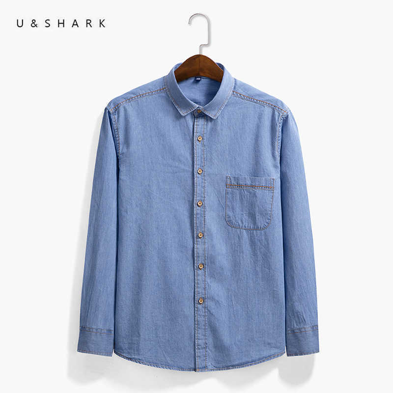 U&SHARK Blue Denim Shirt for Men Casual Cowboy Shirts Cotton Long Sleeve Vintage Shirt Male Clothing Fashion Stylish Chambray 210706