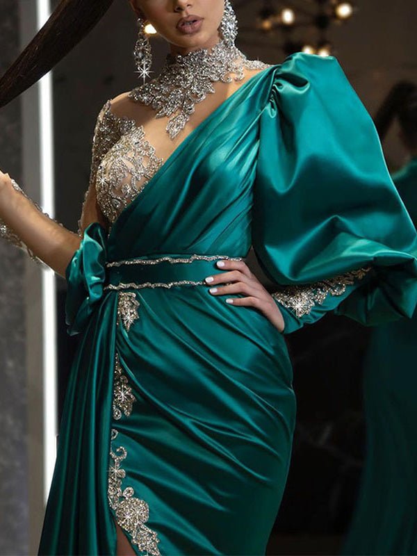 Modern Hunter Satin Mermaid Evening Dresses With Long Sleeves Sexy Side Split Illusion High Collar Formal Party Gowns Glitter Arabic Prom Pageant Outf
