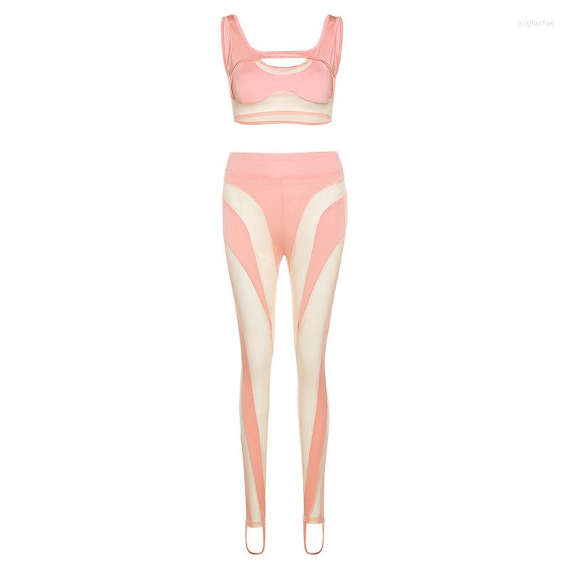 Women's Two Piece Pants Sexy Hollow Perspective Mesh Splicing Vest High Waist Casual Set Women 2022 Summer Bodycon Party Club Outfits Female