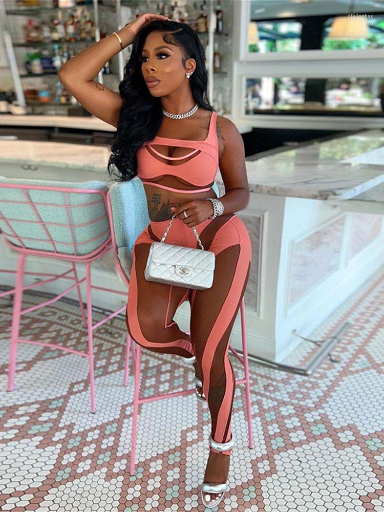 Women's Two Piece Pants Sexy Hollow Perspective Mesh Splicing Vest High Waist Casual Set Women 2022 Summer Bodycon Party Club Outfits Female