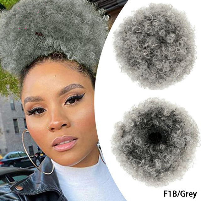 Premium Ombre Gray Curly Ponytail Bun 120 Gram Short human Afro Puff Ponytail for Natural Hair Clip On Kinky Drawstring 100g