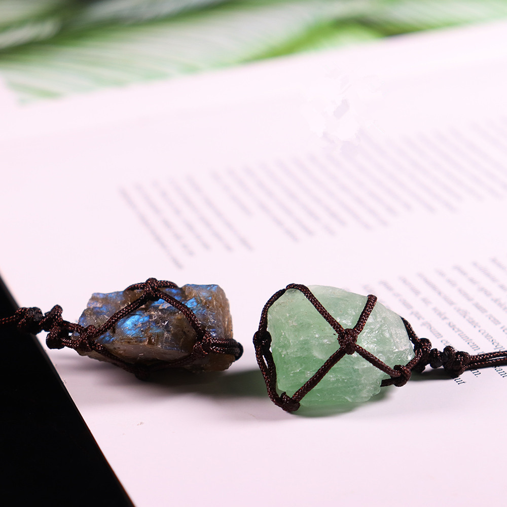 Natural Rough Raw Stone Net Bag Necklaces Rose Quartz Amethyst Fluorite Crystal Pendant Necklace For Women Men