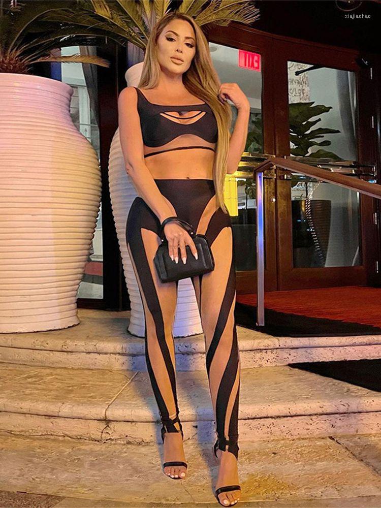 Women's Two Piece Pants Sexy Hollow Perspective Mesh Splicing Vest High Waist Casual Set Women 2022 Summer Bodycon Party Club Outfits Female