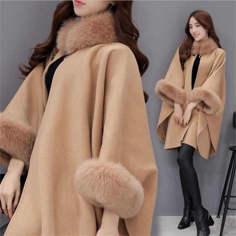 Women's Fur Faux Elegant Round Coat Cape Autumn Winter Big Long Sawl Full Trim Patchwork Woolen Cloak Overcoat Parka WDC8415 220928