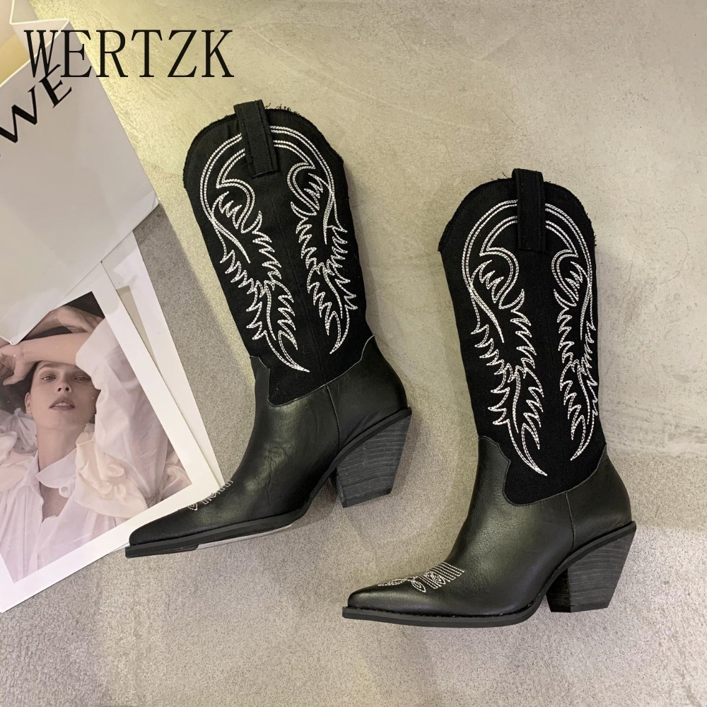 Boots Fashion Embossed Microfiber Leather Women Pointed Toe Western Cowboy KneeHigh Chunky Wedges 220928