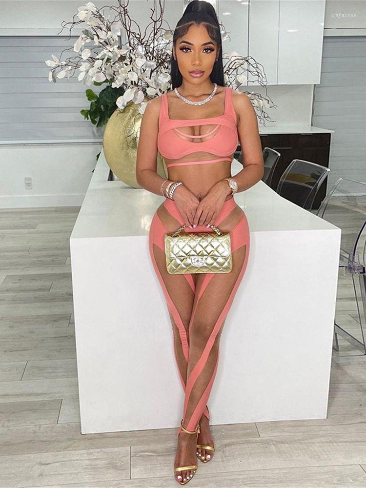 Women's Two Piece Pants Sexy Hollow Perspective Mesh Splicing Vest High Waist Casual Set Women 2022 Summer Bodycon Party Club Outfits Female