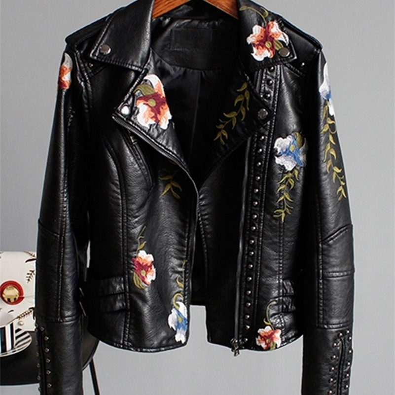 Women's Leather Faux Ly Varey Lin Floral Print Embroidery Soft Jacket Women Pu Motorcycle Coat Female Black Punk Zipper Rivet Outerwear 220928
