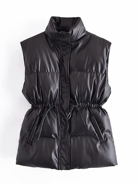 Women's Vests TRAF Women Fashion Leather Cotton Pocket Padded Waistcoat Vintage Sleeveless Female Outerwear Streetwear 220928