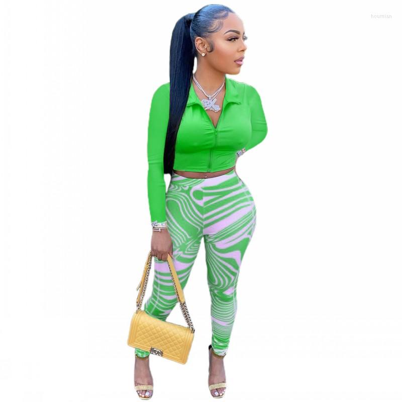 Women's Two Piece Pants Women Set Full Sleeve Zipper Crop Tops Outfits Autumn Fashion Print Streetwear High Waist Pencil Suits 2022