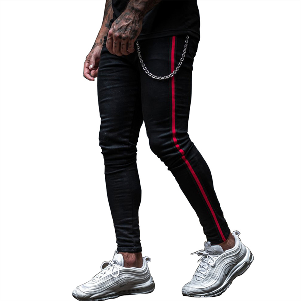 Men's Jeans Mens Side Stripe Skinny Fit Black Denim Jeans Hip Hop Streetwear Solid Color Plus Size Slim Fit Lightweight Cotton Jeans for Men 2209