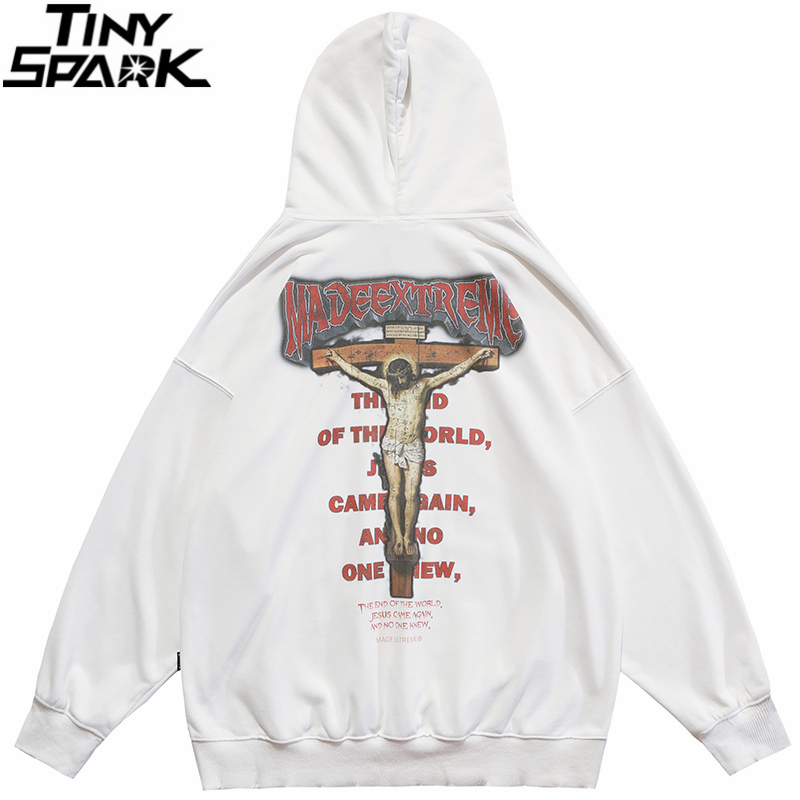 Men's Hoodies Sweatshirts Hip Hop Men Hoodie Streetwear Jesus Letter Print Washed Pullover Autumn Harajuku Cotton Hooded Black 220929