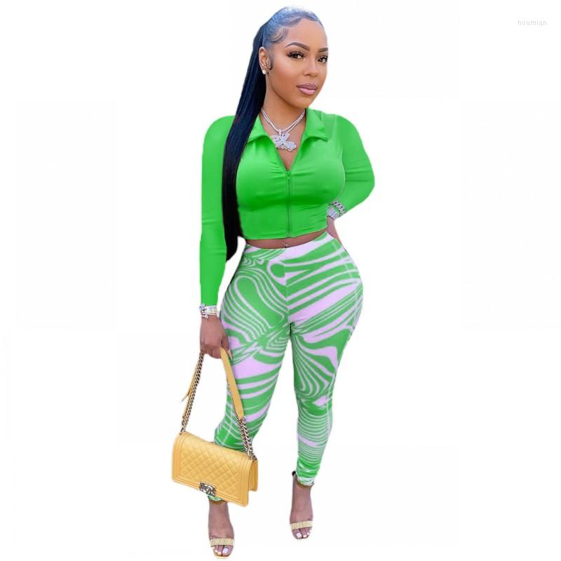 Women's Two Piece Pants Women Set Full Sleeve Zipper Crop Tops Outfits Autumn Fashion Print Streetwear High Waist Pencil Suits 2022