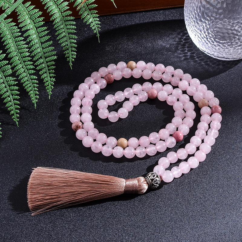 Beaded Necklaces 8mm Natural Rhodolite Rose Quartz Beaded Necklace Set Meditation Yoga Spirit Jewelry 108 Japa Mala Rosary with OM Pendant 220929